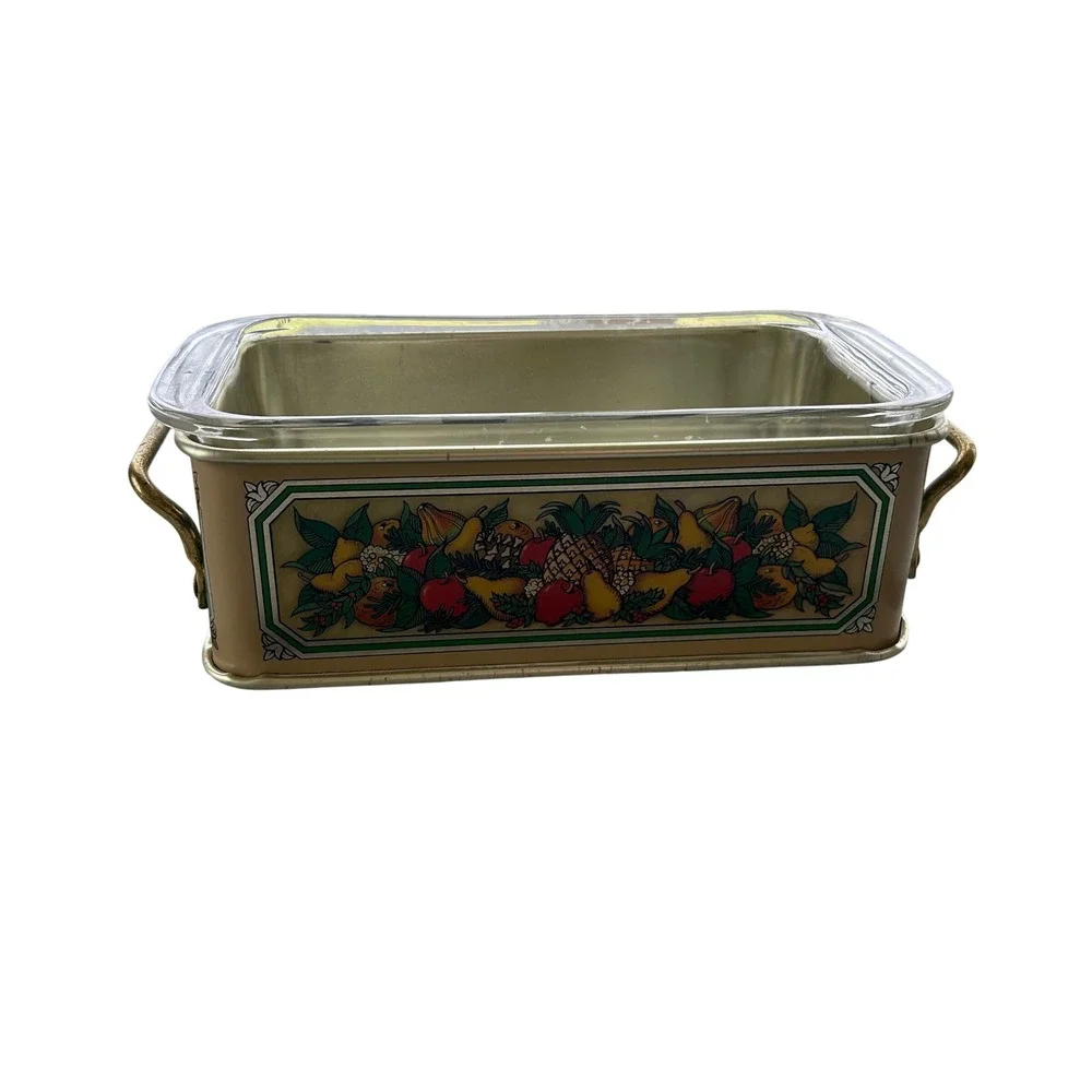 Teleflora Pyrex Loaf Pan Carrier Vintage 1981 Fruit Tin 1.5 Qt Cream Green 213